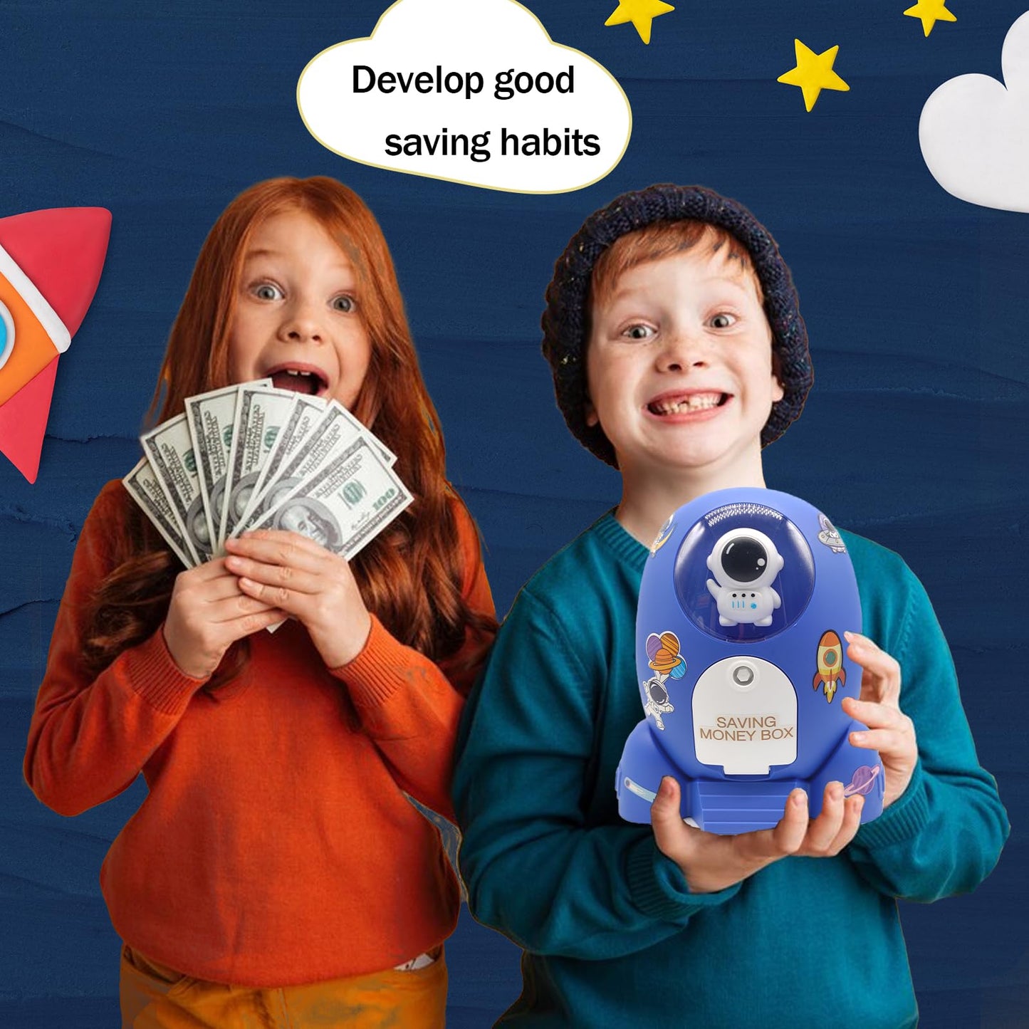 Rocket Ship Piggy Bank For Boys Money Safe Astronaut Piggy Banks For Kids Cash Coin Can Atm Bank Coin Money Bank For Kids With K