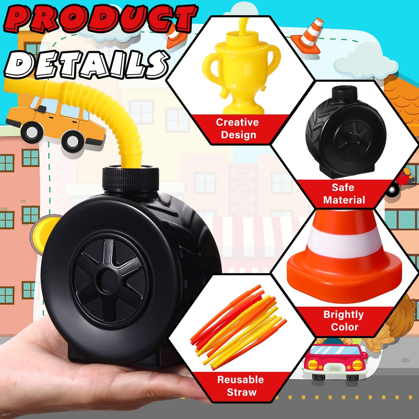 Mifoci Race Car Cups with Straws Plastic Traffic Cone Cups Tire Cups with Straws for Kids Yellow Trophy Cups Construction Party