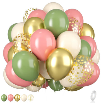 Pink And Green Balloons, 12 Inch Sage Green Dusty Pink Metallic Gold Balloons Set, Olive Green Pink Sand White Gold Confetti Bal