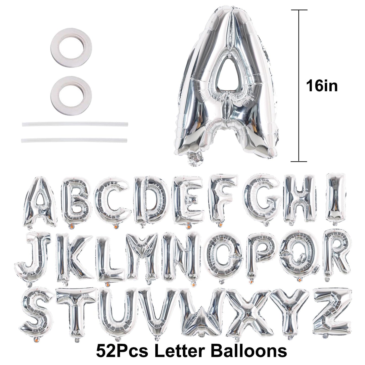 TONIFUL 52 Pcs Letter Balloons 16 Inch Silver Letter A-Z Balloons Custom Phrase Mylar Foil Alphabet DIY Personalized Phrase Bann
