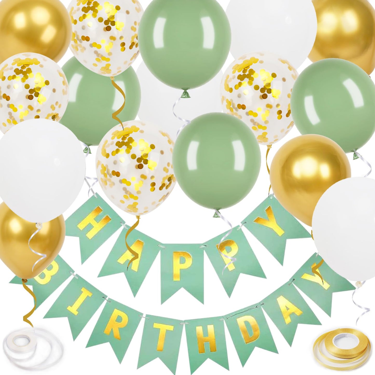 Happy Birthday Banner, Green Birthday Decoration, 16 Pcs 12In Happy Birthday Balloons With 2 Ribbons For Men Women Girls And Boy