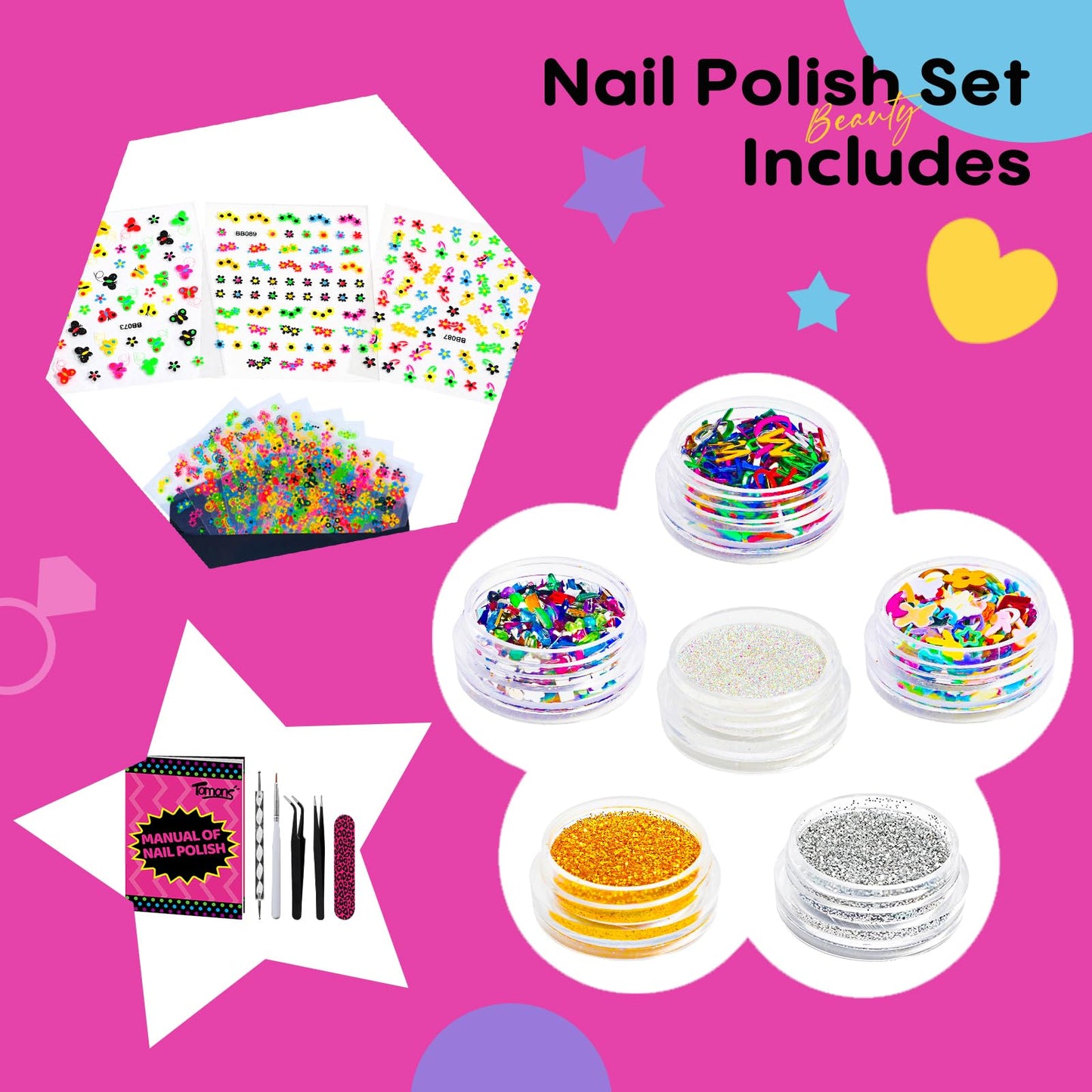 Tomons Nail Polish Set Non Toxic Kids Nail Polish Kit for Kids Ages 7-12, Birthday Gifts for 6 7 8 9 10 11 12 Year Girl, Glitter