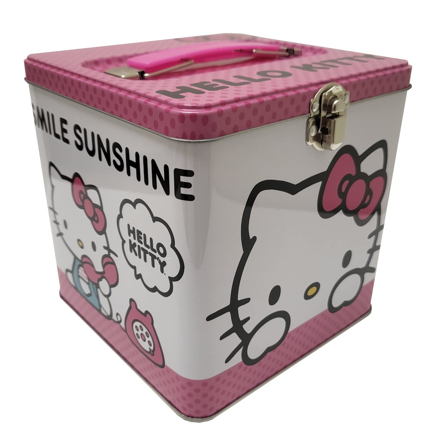 The Tin Box Company XL Hello Kitty Storage Tin with Handle - Pink and White, Tin Plate Steel, Model 697207