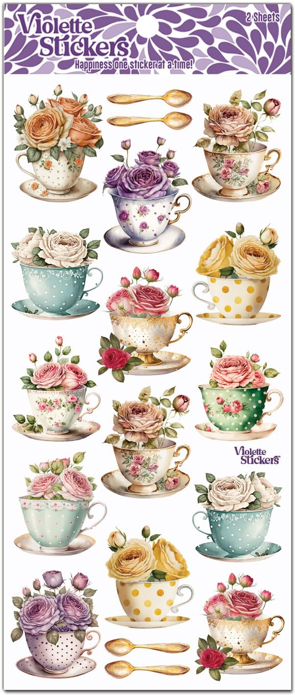 Rosie Teatime By Violette Stickers, Clear And Waterproof Tea Cup Stickers For Kids, Beautifully Detailed Miniature Coffee Sticke