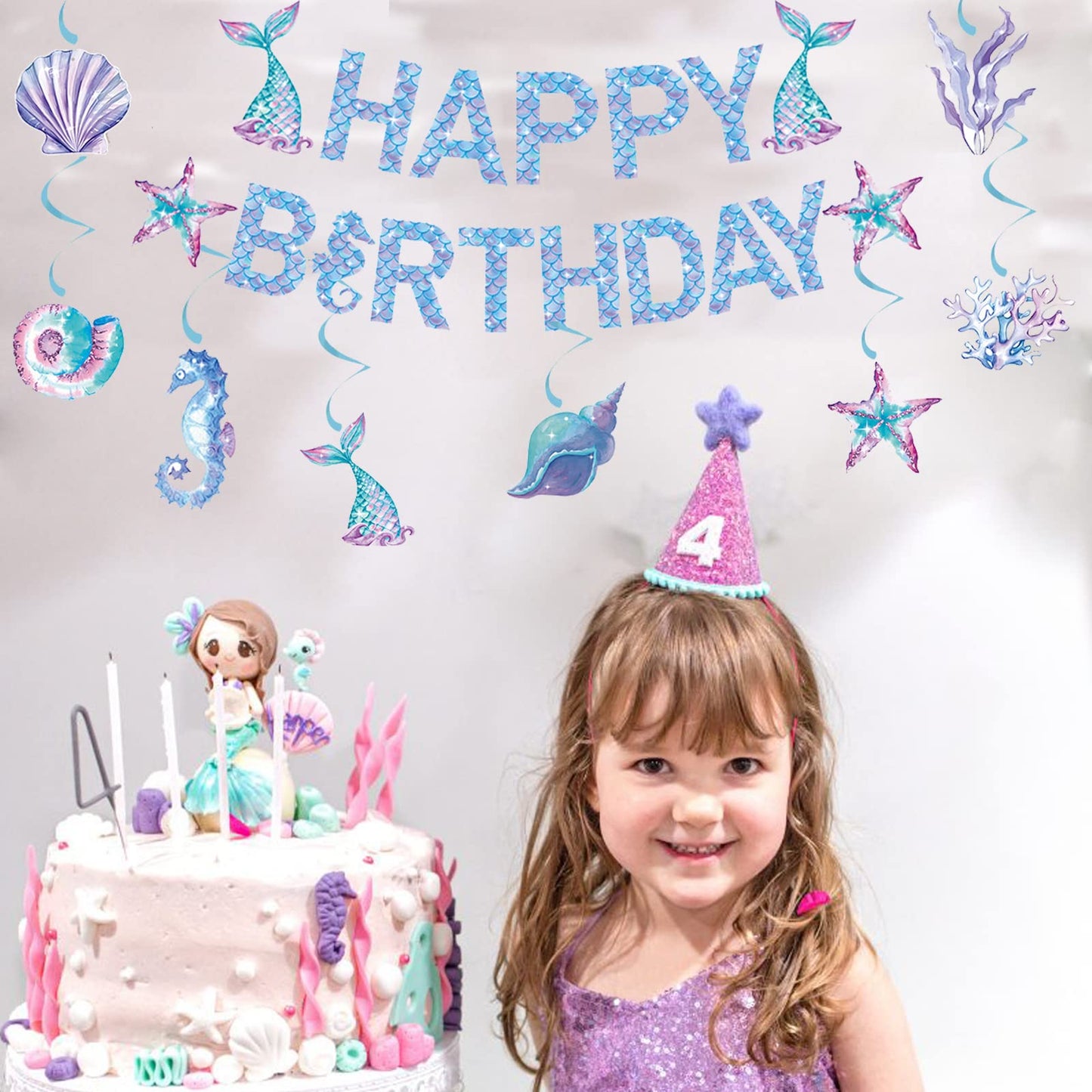 Zwiebeco Mermaid Birthday Party Decoration Supplies - Mermaid Happy Birthday Banner Bunting Garland Hanging Paper Swirls Kit For