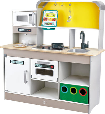 Hape E3177 Deluxe Game Kitchen With Microwave, Coffee Maker, Refrigerator, Oven, Hob With Frying Pan Fun With Many Accessories, From 3 Years, L: 34.9, W: 11.7, H: 35.4 Inch