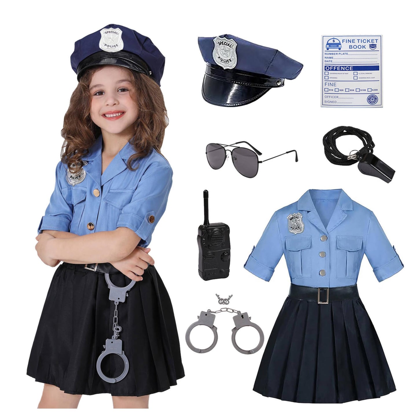 Koatobbor Girls Police Officer Costume Kids Cop Cosplay Outfits Uniform For Halloween Dress Up (7-8 Years)
