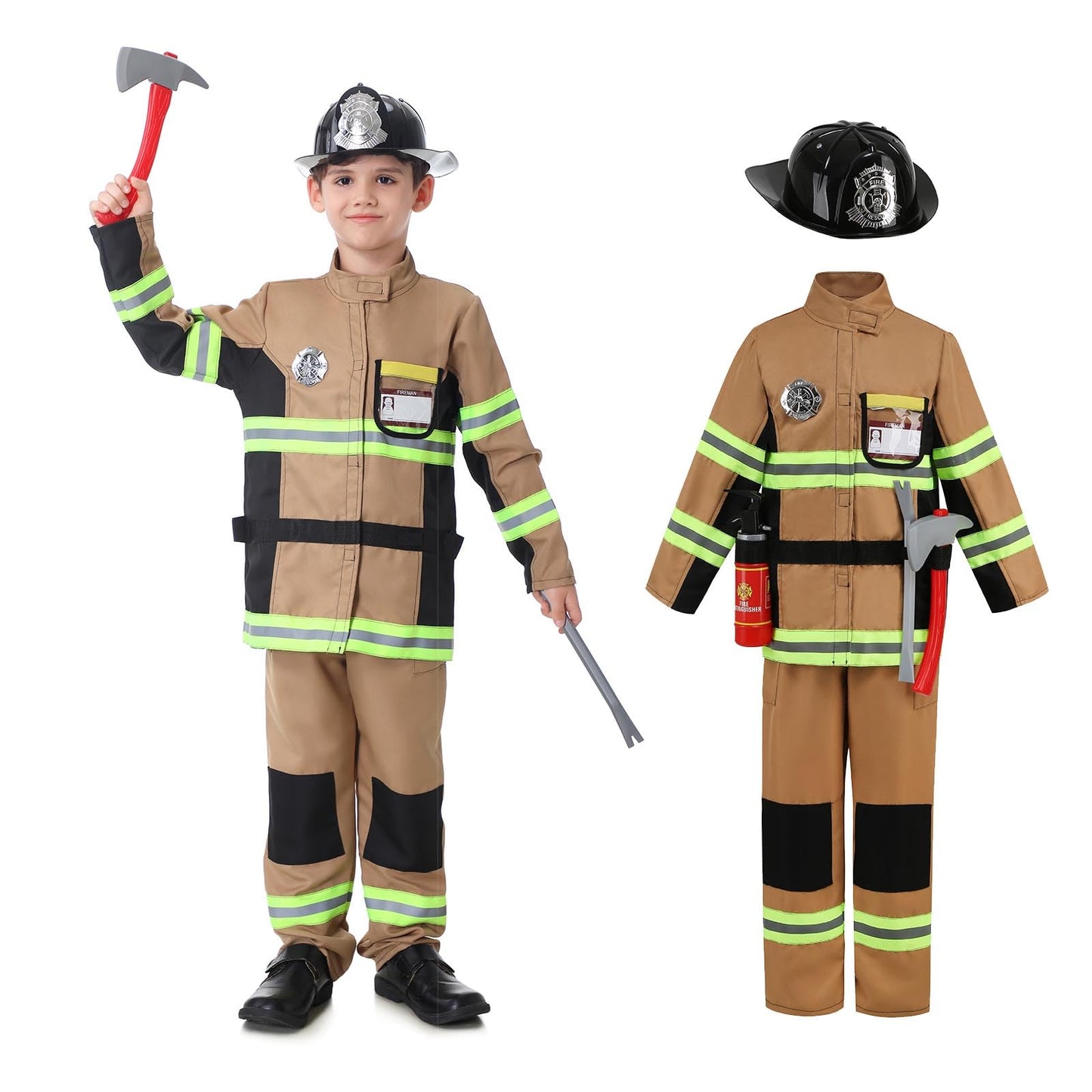 Yolsun Tan Fireman Costume For Kids, Boys' And Girls' Firefighter Dress Up (8 Pcs) 8-9 Years