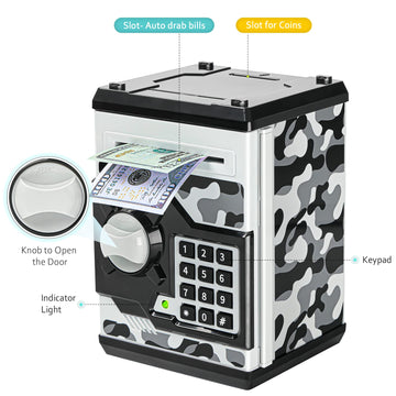 Atm Piggy Bank For Boys Girls, Vcertcpl Mini Atm Coin Bank Money Saving Box With Password, Kids Safe Money Jar For Adults With Auto Grab Bill Slot, Great Gift Toy Bank For Kids(Camouflage Gray)