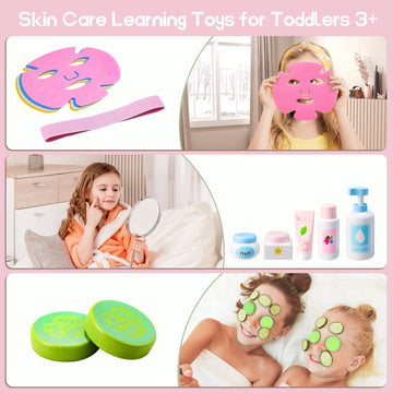 WHOHOLL Wooden Makeup Toy Set, Pretend Beauty Salon Toys Skin Care Learning Toys for Toddler, Daycare Toys Christmas Birthday Gi