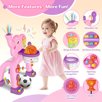 Shemira Toddler Basketball Hoop & Soccer Goal Activity Center Toys With Light & Music,Elephant Toddlers Musical Toys Gift, Baby