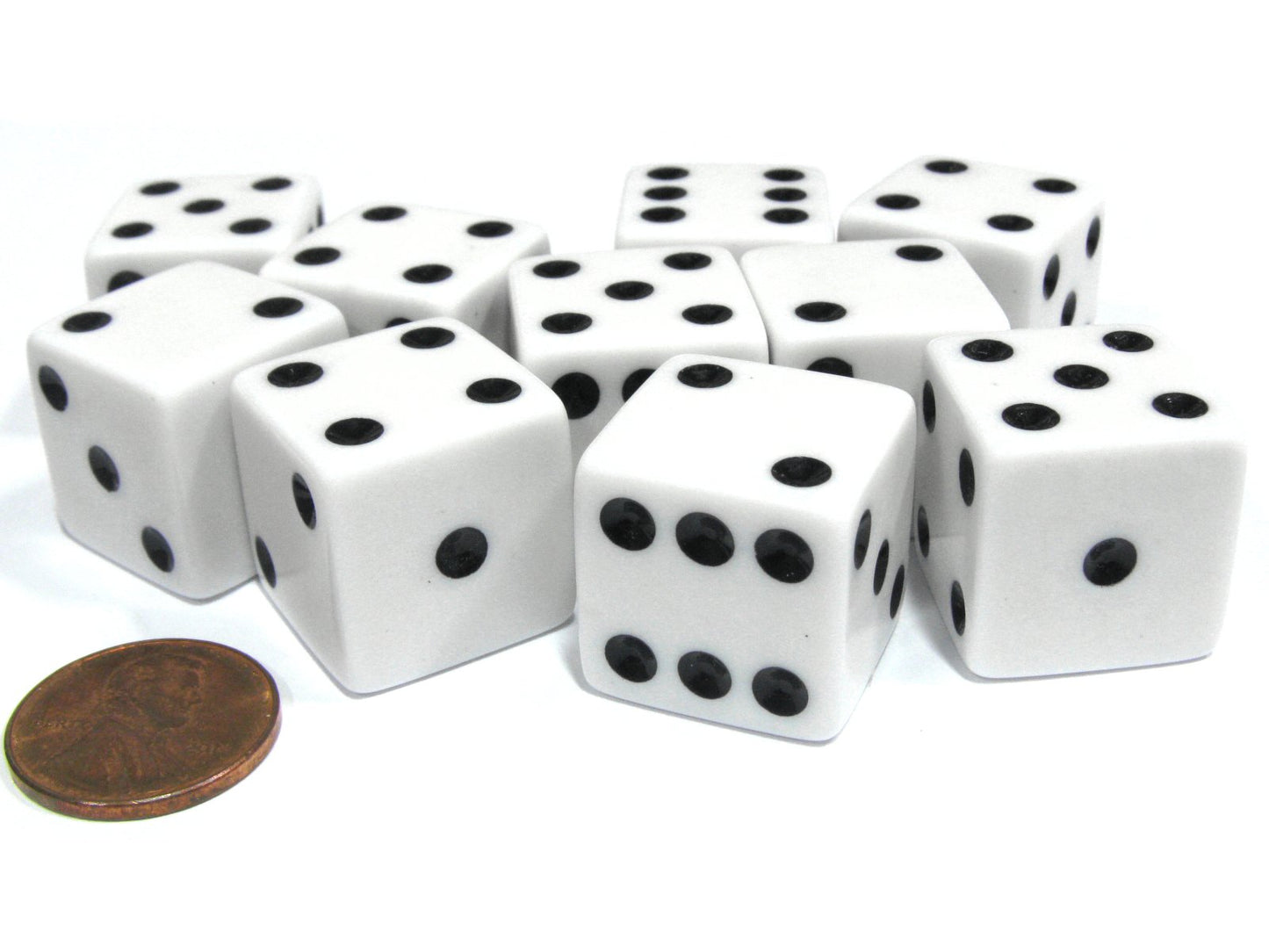 Set Of 10 Large Six Sided Square Opaque 19Mm D6 Dice - White With Black Pip Die