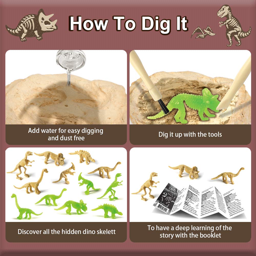 Byncceh Dinosaur Fossil Digging Kit - STEM Toy for Kids 6-12, Excavates 12 Bones, Glow in The Dark, 6.24 x 13.65 x