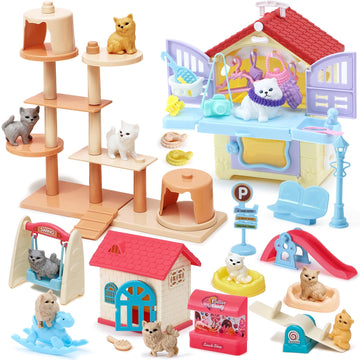 Golray 66Pcs Cat Toys for Kids Girls, 3 In 1 Pet Pretend Play Toys with 9 Cat Figurine/DIY Cat Tree/Beauty House/Playground, Tod