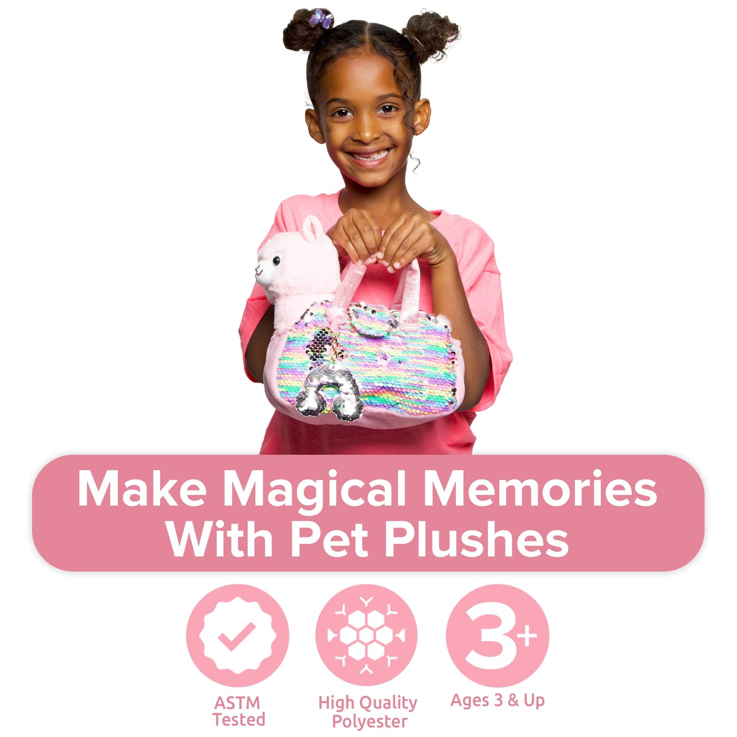 Little Jupiter Pet Plush Set With Purse W/Reversible Sequins & Charm - Stuffed Animal Toy For Kids Ages 4-7 - Stuffed Animal Purse - Stuffed Animals For Girls - (Pink Llama)
