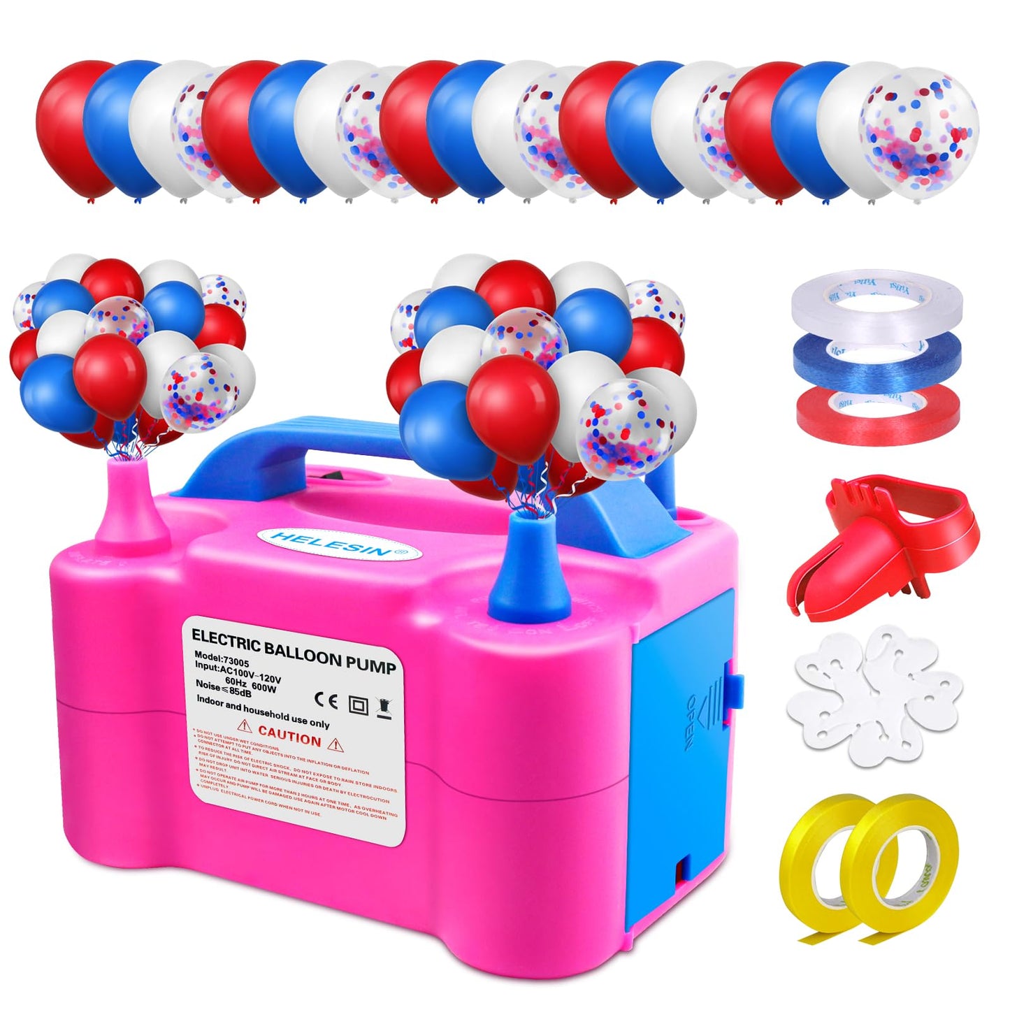 HELESIN Electric Air Balloon Pump - 600W Dual Nozzle Inflator for Party, Birthday, Baby Shower - Portable, Red and White Balloons, 12inch