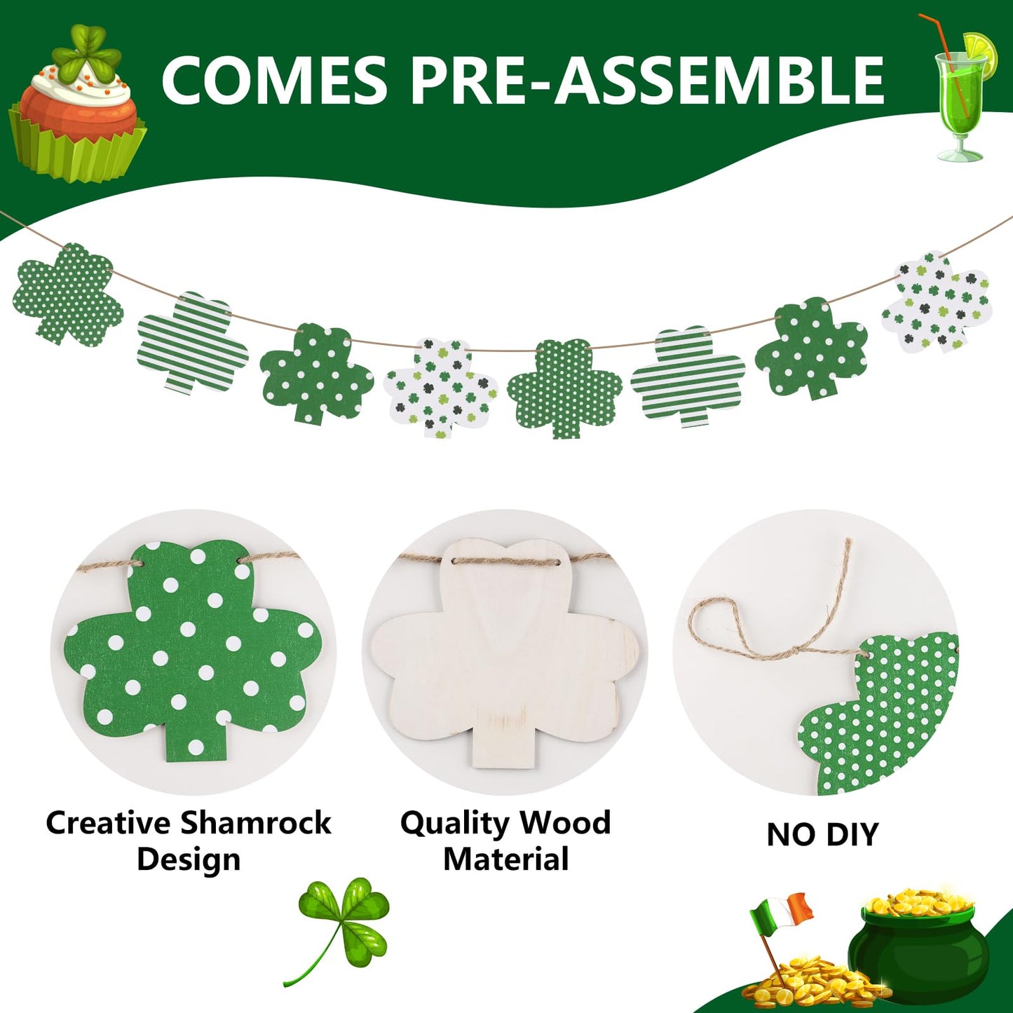 Arosche St Patricks Day Decorations Wooden Shamrocks Garland Green Shamrocks Lucky Irish Rustic Farmhouse Happy St. Patricks Da