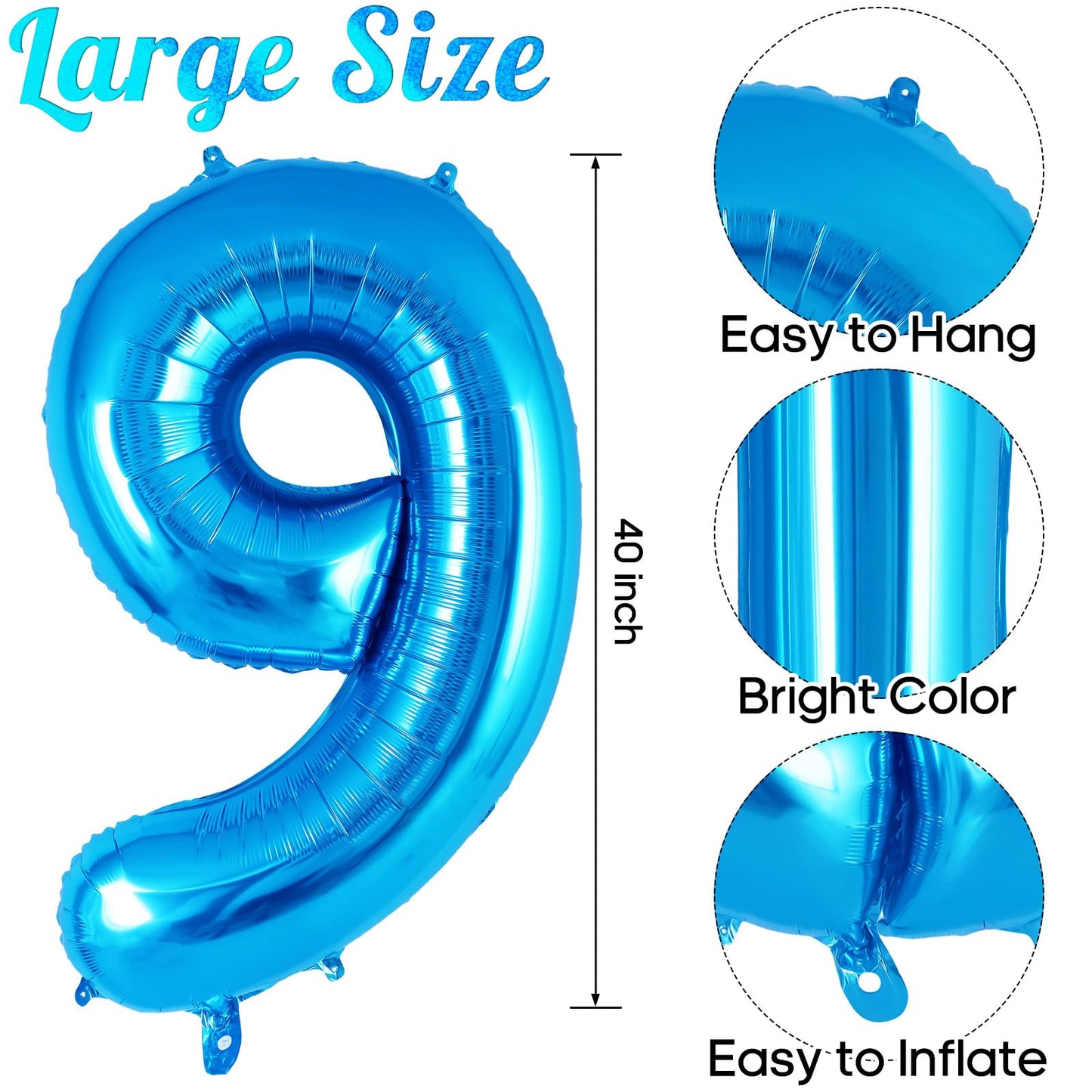 Blue Number 9 Balloon 40 Inch, Big Large Foil Helium Number Balloons, Jumbo Giant Mylar Number 9 Balloons For 9 Year Old Birthda