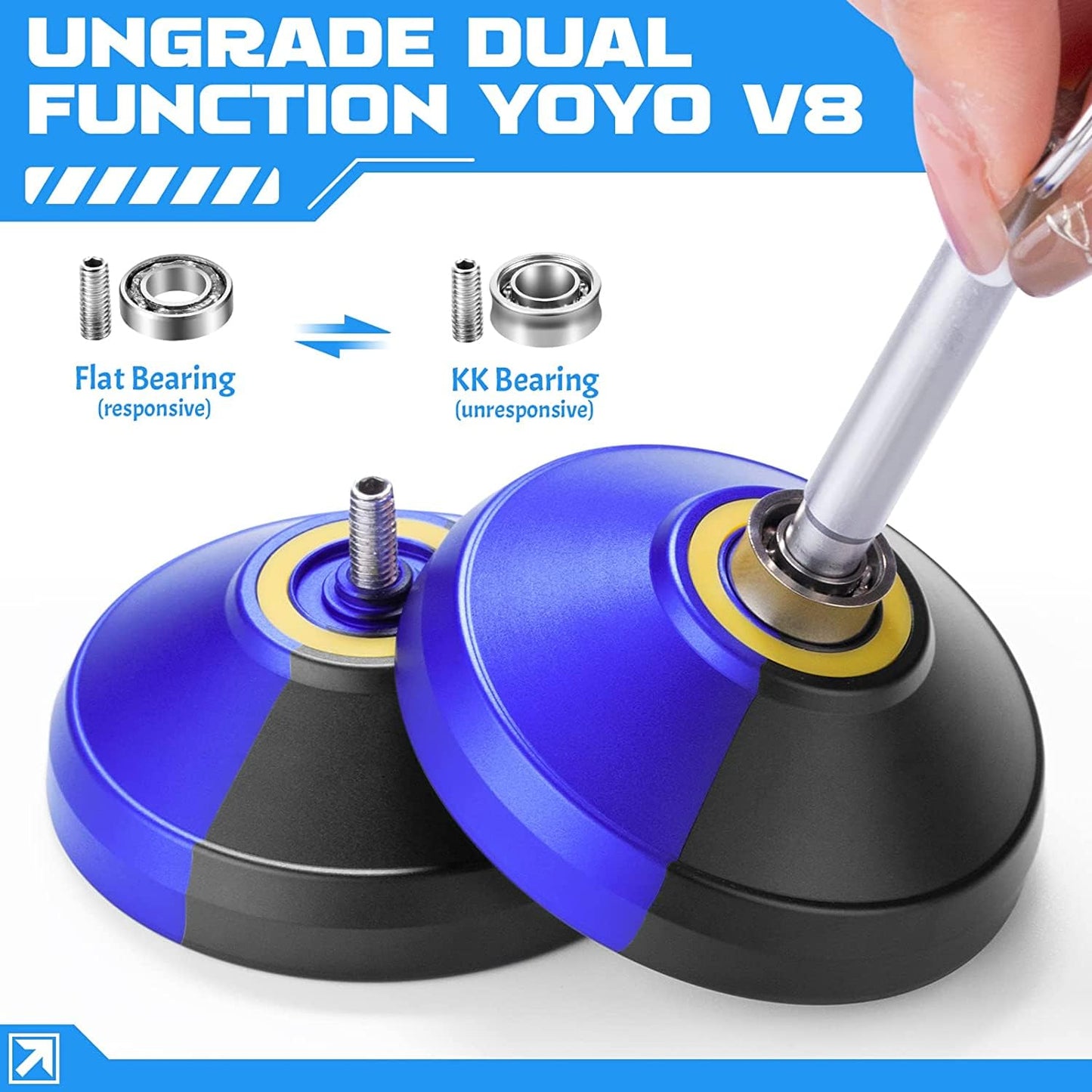 Professional Responsive Yoyo V8, Dual Purpose Yoyo For Kids Beginners, Metal Yoyo Replacement Unresponsive Yoyo Bearing For Adults And Advanced With 12 Yoyo Strings + Yoyo Case Bag(Black Blue)