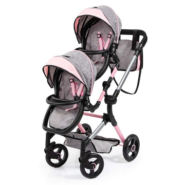 Bayer Twin Doll Pram Neo, Grey, Pink With Butterfly, Jean Look