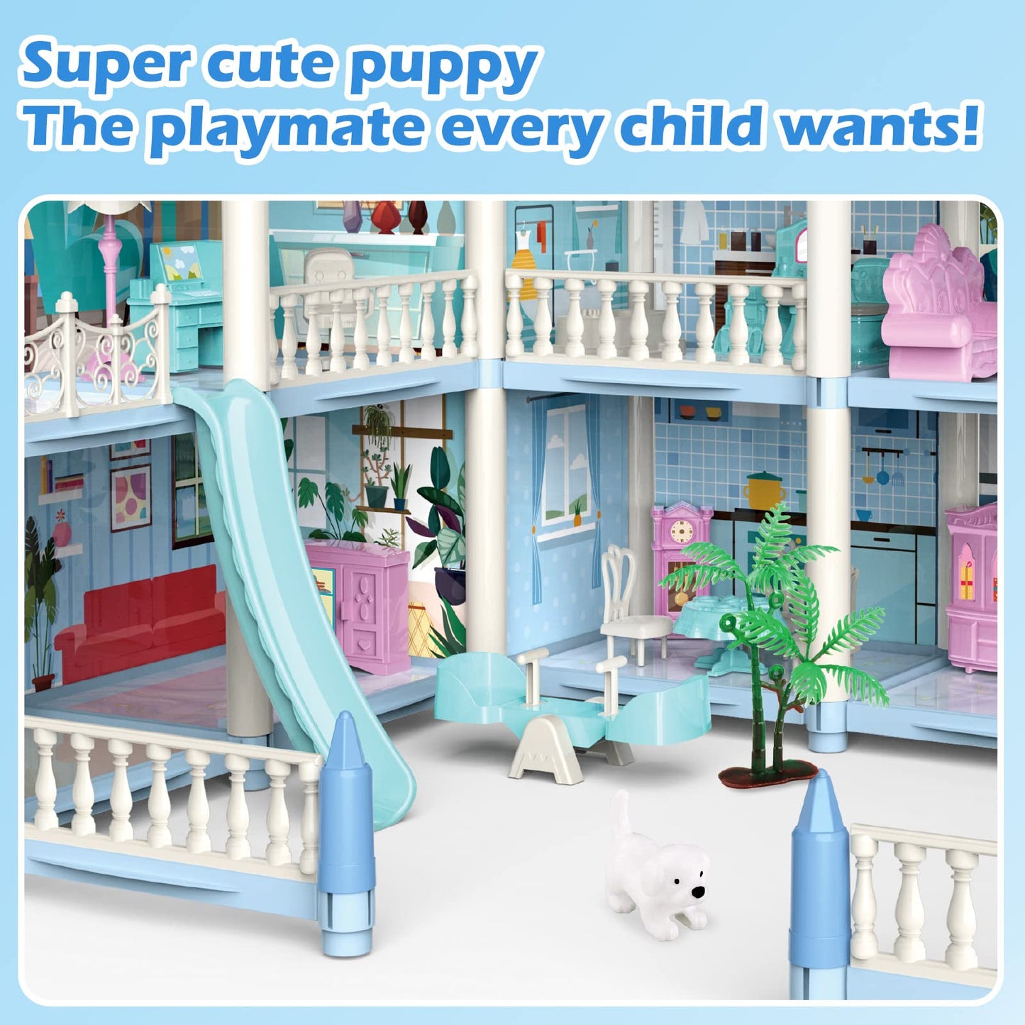 Deao Dollhouse For Girls - 3 Story 11 Rooms Diy Building Pretend Play House With Accessories Furnitures With Outdoor Space Open Sided Princess Castle Playset For Girls Kids