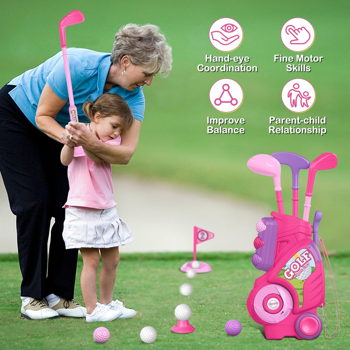 Liberry Toddler Golf Set For 2 3 4 5 Years Old Girls Boys, Upgraded Kids Golf Clubs Set With Golf Cart, Putting Mat, Outdoor Indoor Sports Toy Birthday Gift, Pink