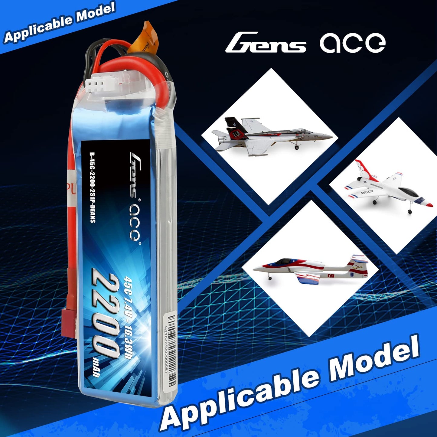 Gens ace 7.4V 2200mAh 2S 45C LiPo Battery Pack Deans Plug for 70MM EDF Rc Plane 450 Helicopter Rc Boat