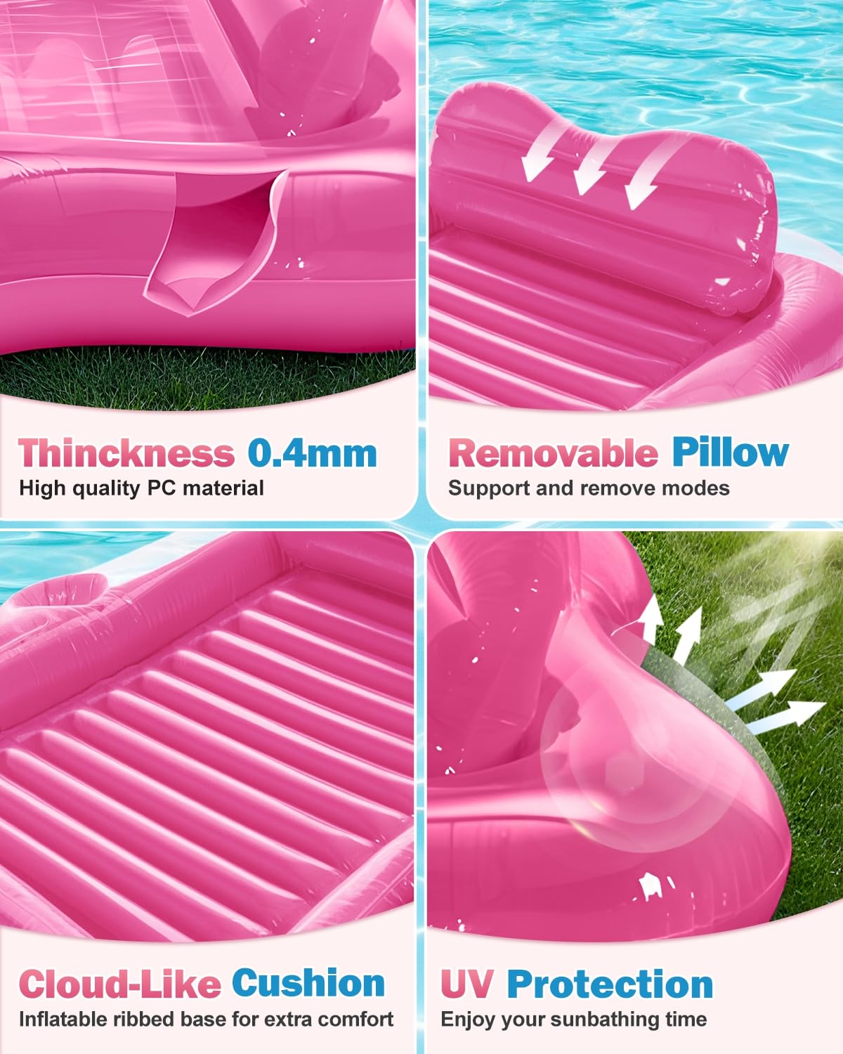 Snowalva Inflatable Tanning Pool Lounger Float, 72"x61", Pink, PVC, Model FY033, 5-in-1 Sunbathing Raft for Pool Party & Summer Fun