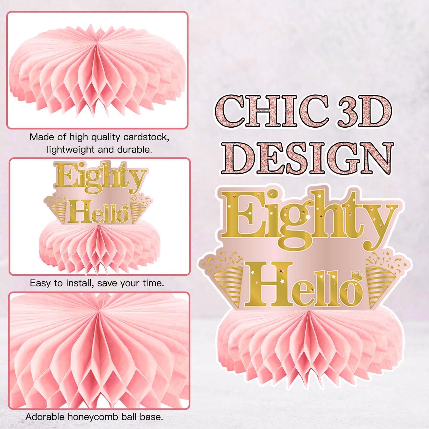 9Pcs 80Th Birthday Decorations Pink Rose Gold Honeycomb Centerpieces For Women,Happy 80Th Birthday Table Centerpieces Party Supp