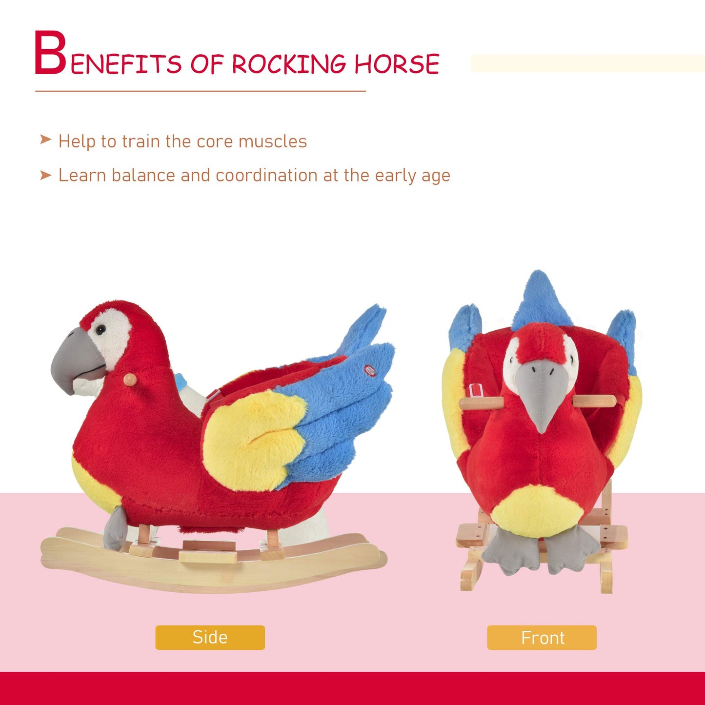 Qaba Kids Ride-On Rocking Horse Toy Parrot Style Rocker With Fun Music & Soft Plush Fabric For Children 18-36 Months