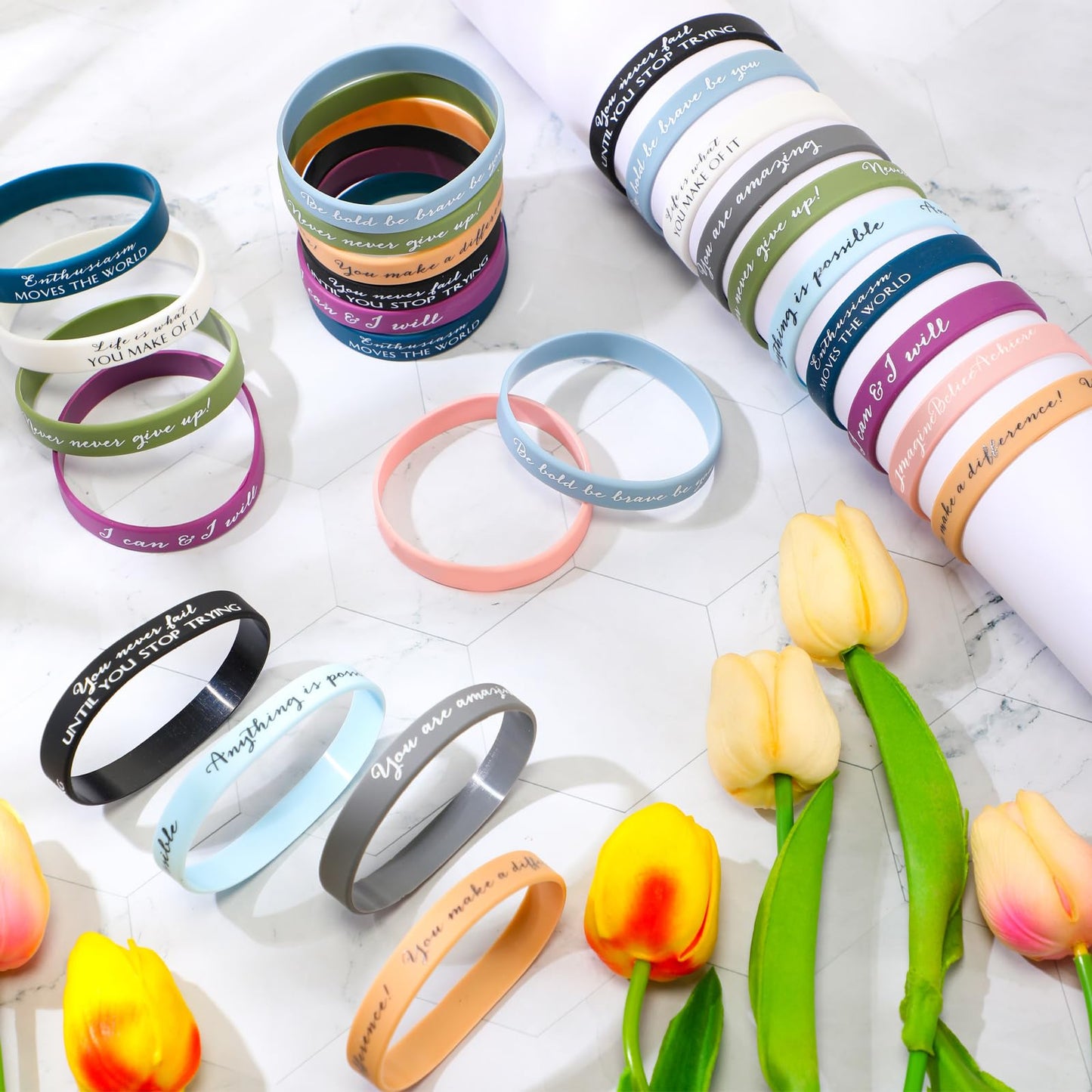 Sieral 50 Pcs Employee Appreciation Month Thank You Gift Bulk Motivational Rubber Bracelet Inspirational Stretch Quote Silicone