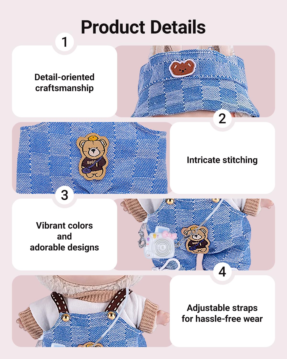 4pcs Handcrafted Doll Clothes Set for 15cm/17cm Labubu Dolls (No Doll  No Shoes)  Cute and enhanced Outfits Accessories  Stylish Clothes for Boys Girls Birthday Collectors (Blue Overalls Set) AK053BL