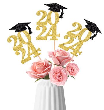 Alissar 10 Pack Glitter Gold Double Sided 2024 Graduation Party Centerpiece Sticks Glitter Table Topper Party Supplies (2024 Car