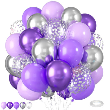 Purple And Silver Balloons, 12 Inch Purple Balloons,Silver Confetti Balloon Pastel Purple Metallic Purple Balloons,For Wedding B