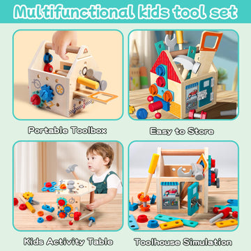 Montessori Toddler Tool Set - 33 PCS Wooden Kids Tools with Box / Bench, Montessori Educational Pretend Play Preschool Toys Gift