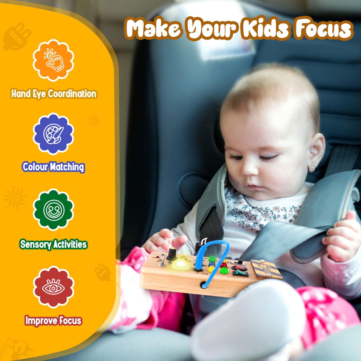 Hoarosall Montessori Wooden Busy Board - Sensory Light Switch Toy for 1+ Year Olds, Medium, Brown, Model CGS-BUSYBOARD-01