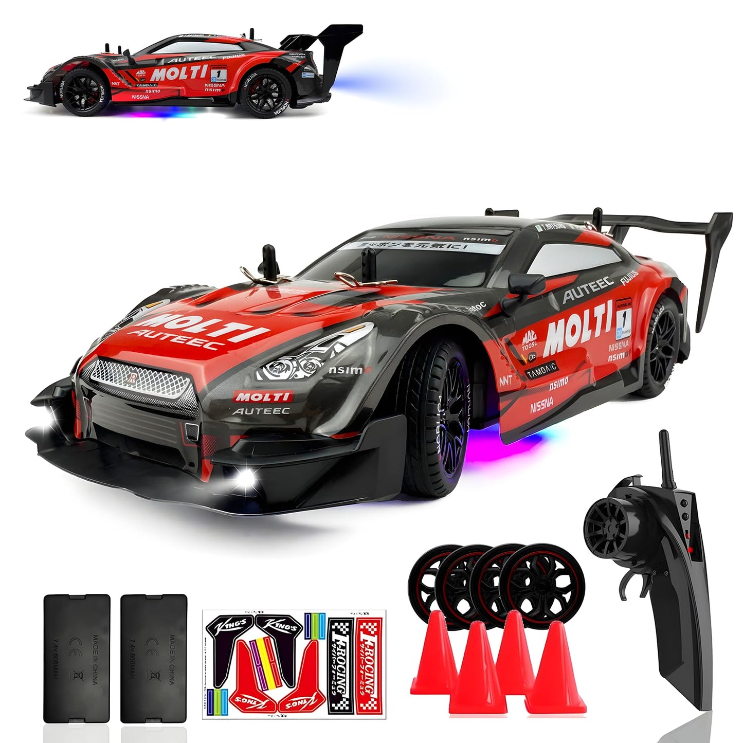 Hturccop 1:16 Rc Drift Car 2.4Ghz Spray 4Wd Led Lights 30+Km/H High Speed Remote Control Car 2 Batteries 60Min Infinitely Variab