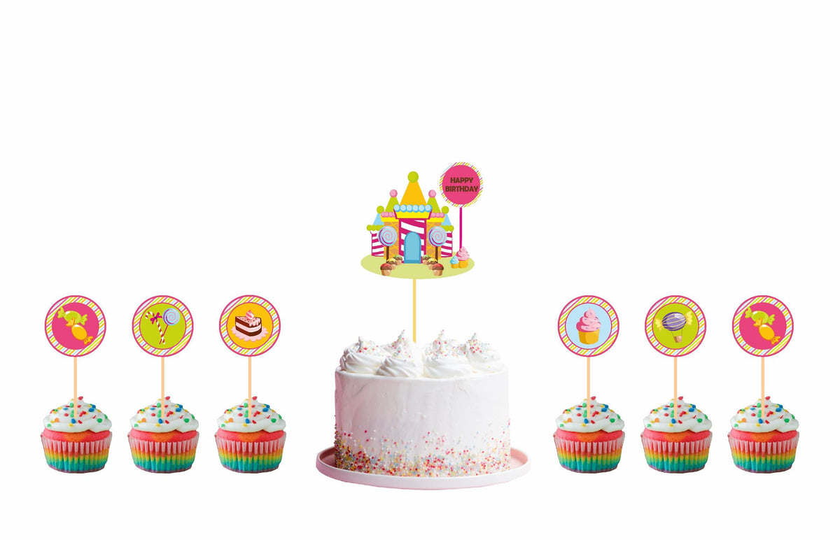 Untumble Candyland Theme Birthday Cake Topper And Cup Cake Toppers Set (Pack Of 25)
