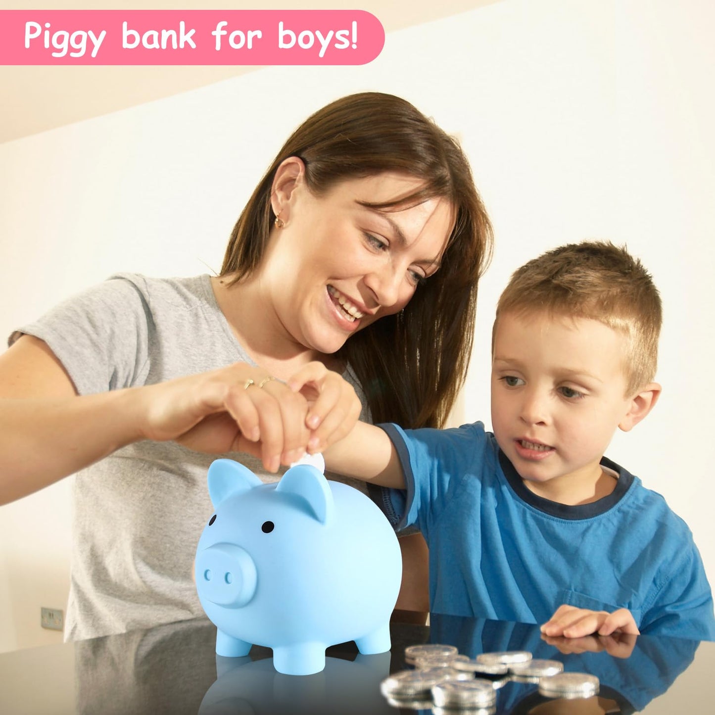 PJDRLLC Large Piggy Bank - Unbreakable Plastic Coin Bank for Boys & Girls, Blue, Model FD-61, Ideal Gift for Birthday, Easter, Christmas
