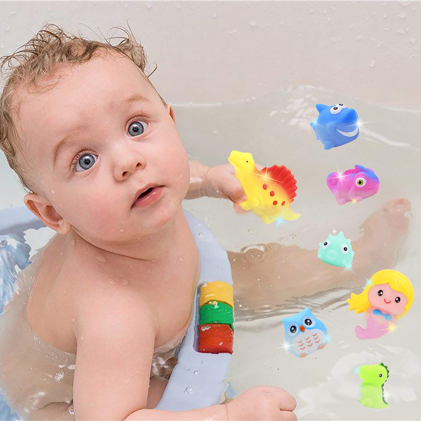 Yoliyogo Dinosaur Toy Bath Floating Toy With Auto Flashing Early Learning Toy Dinosaur Theme Model 8 Pcs Bathtub Shower Toy Gift