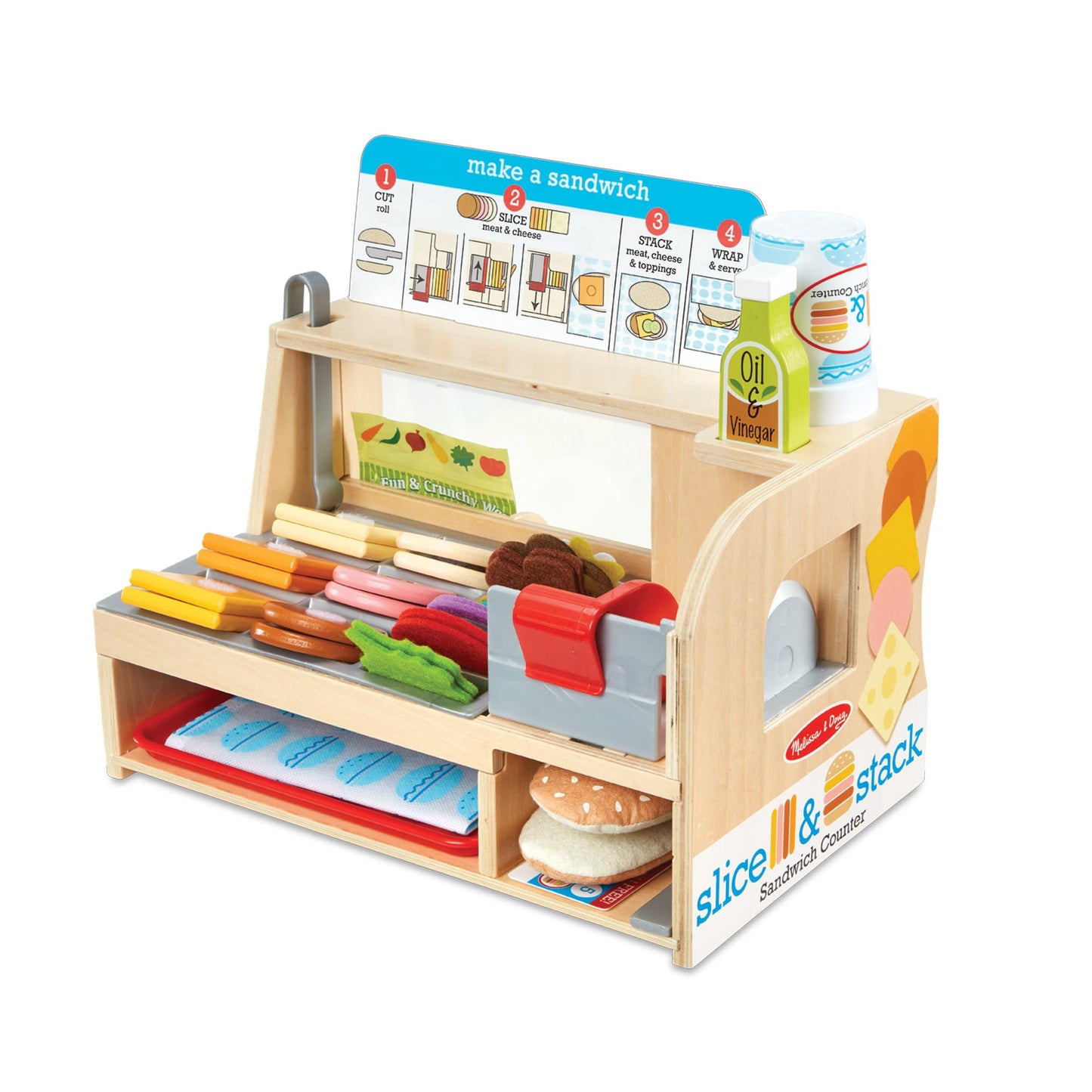 Melissa & Doug Wooden Slice & Stack Sandwich Counter - 56-Piece Pretend Food Set, Multi Color, Model 31650