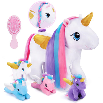 OUOZZZ Unicorn Stuffed Animal - 14.7" Colorful Rainbow Plush with 4 Babies, Fabric, Ideal Gift for Kids, Girls on Birthday, Christmas, Easter