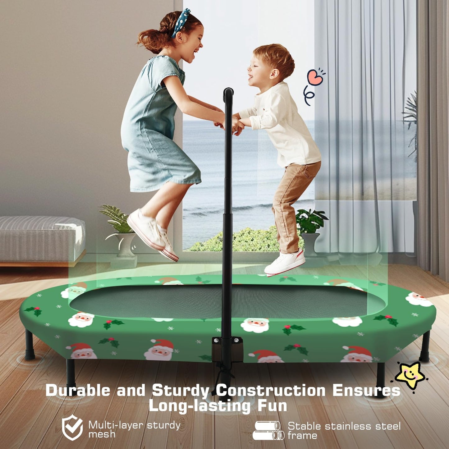 Ancheer 56'' Double Kids Trampoline With Adjustable Handlebar, 220Lbs Capacity - Indoor/Outdoor Foldable Jumper For 2+ Users (As