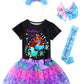 Doctor Unicorn Birthday Girls Mermaid Outfit Set Costume Tutu Skirt Dress, Mermaid Birthday Shirt, Headband & Satin Sash (Black-3, 5-6 Years)