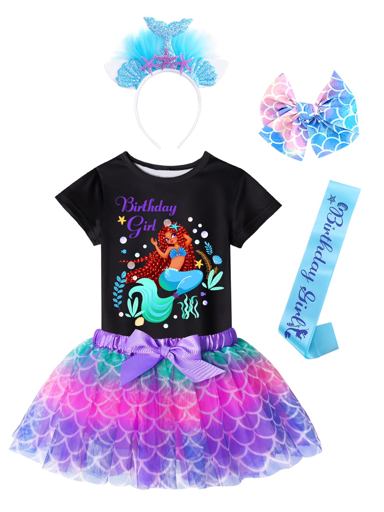 Doctor Unicorn Birthday Girls Mermaid Outfit Set Costume Tutu Skirt Dress, Mermaid Birthday Shirt, Headband & Satin Sash (Black-3, 6-7 Years)