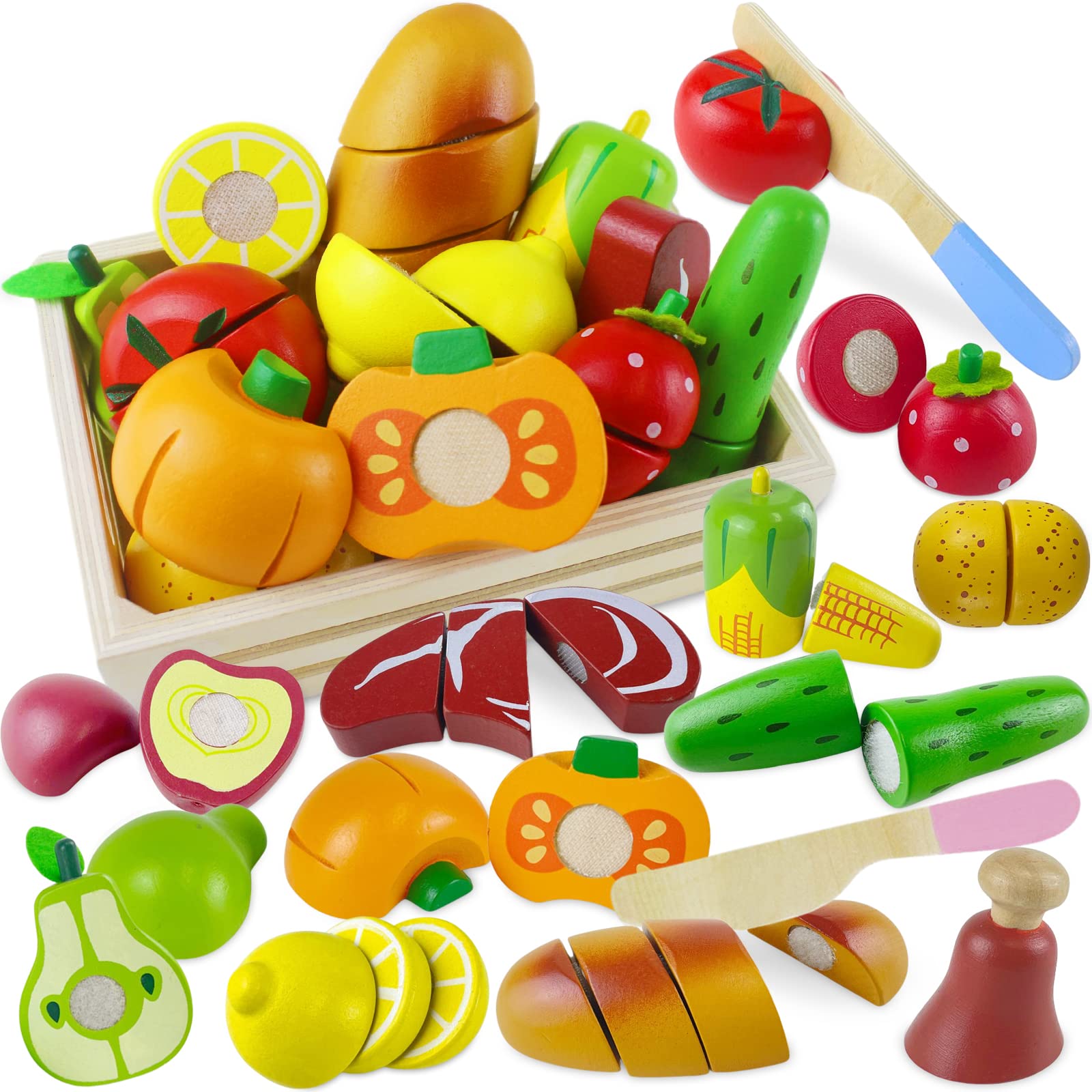 Beberolen Wooden Play Food Sets for Kids Kitchen Toddlers Wood Toys Cutting Fruit Pretend Food Play Kitchen Accessories Set for 