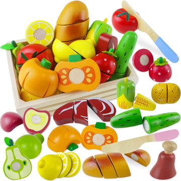 Beberolen Wooden Play Food Sets for Kids Kitchen Toddlers Wood Toys Cutting Fruit Pretend Food Play Kitchen Accessories Set for 