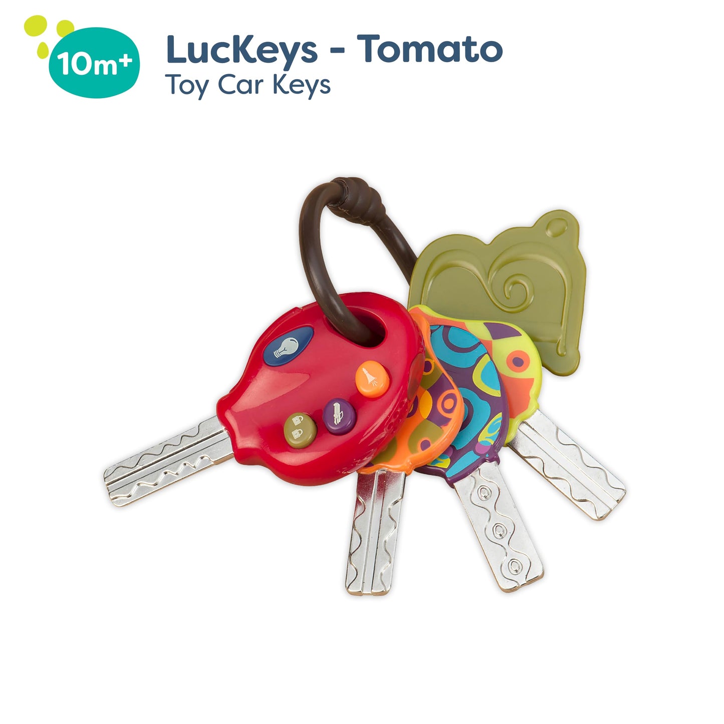 B Toys- Luckeys- Pretend Play Keys- 4 Textured Toy Keys For Babies & Toddlers - Flashlight & Car Sounds- 10 Months +