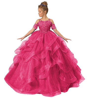 Zpvp Hot Pink Long Girls Pageant Dress Ruffles Princess Flower Girl Dress Beaded Appliques Tulle Wedding Party Costumes Us4