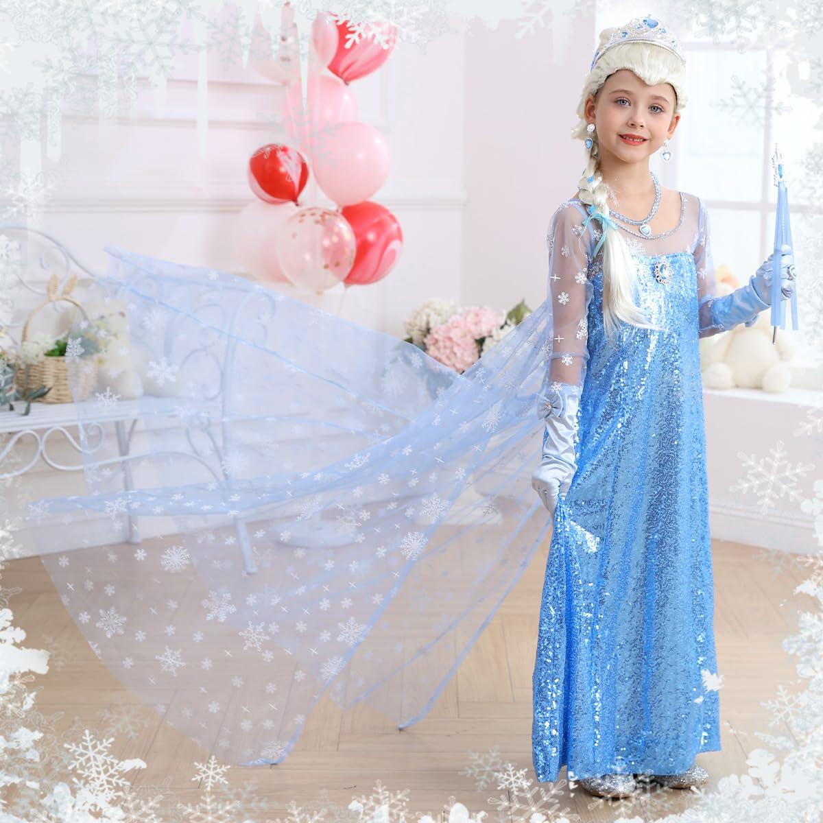 Zaisuifun Princess Elsa Dress For Girls Kids Sequin Costume Halloween Birthday Party Dress Up With Accessories, 7-8 Years(Tag 15